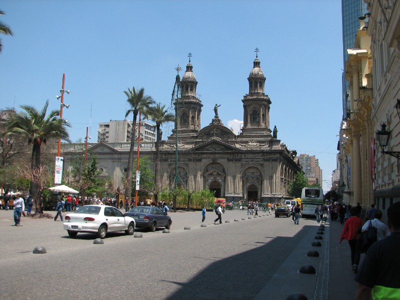 IMG_5266.jpg - The Metropolitan Cathedral, known also as the Catedral de Santiago, on the Plaza de Armas, has suffered much damage over the years from earthquakes. Rebuilt and remodeled in baroque and classical styles, the two towers were completed at the end of the 19th century. The interior is magnificent and the tomb of Chile's first cardinal, Jose María Caro, is here.